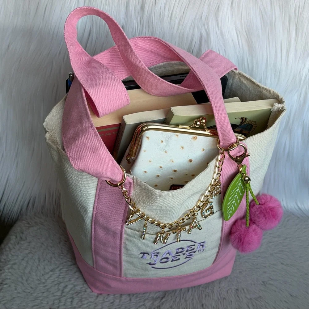 2026 Limited Edition Trader Joe’s Mini Pink Canvas Tote ‘VINTAGE’ & Cherry Charm - Picture 5 of 11